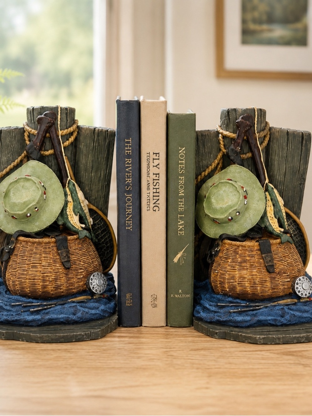 Fishing Gear Bookends with Green Hat & Brown Wicker Creel